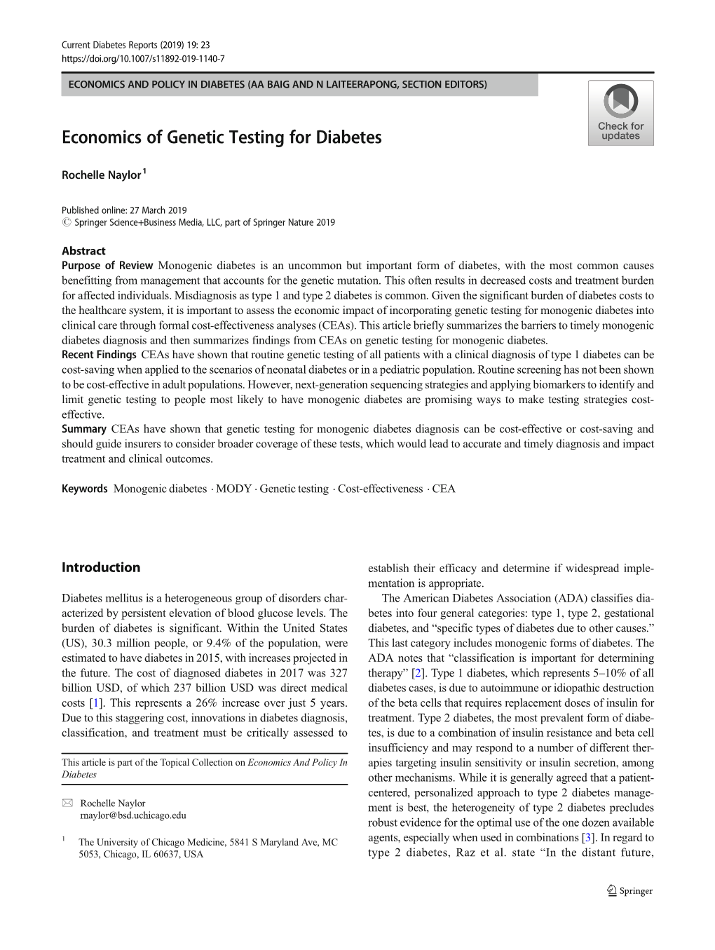 Economics of Genetic Testing for Diabetes