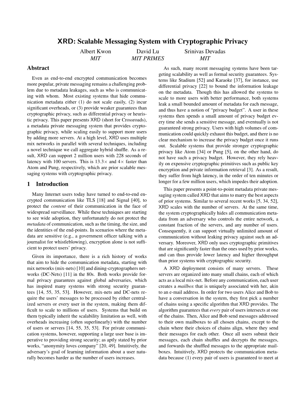 XRD: Scalable Messaging System with Cryptographic Privacy