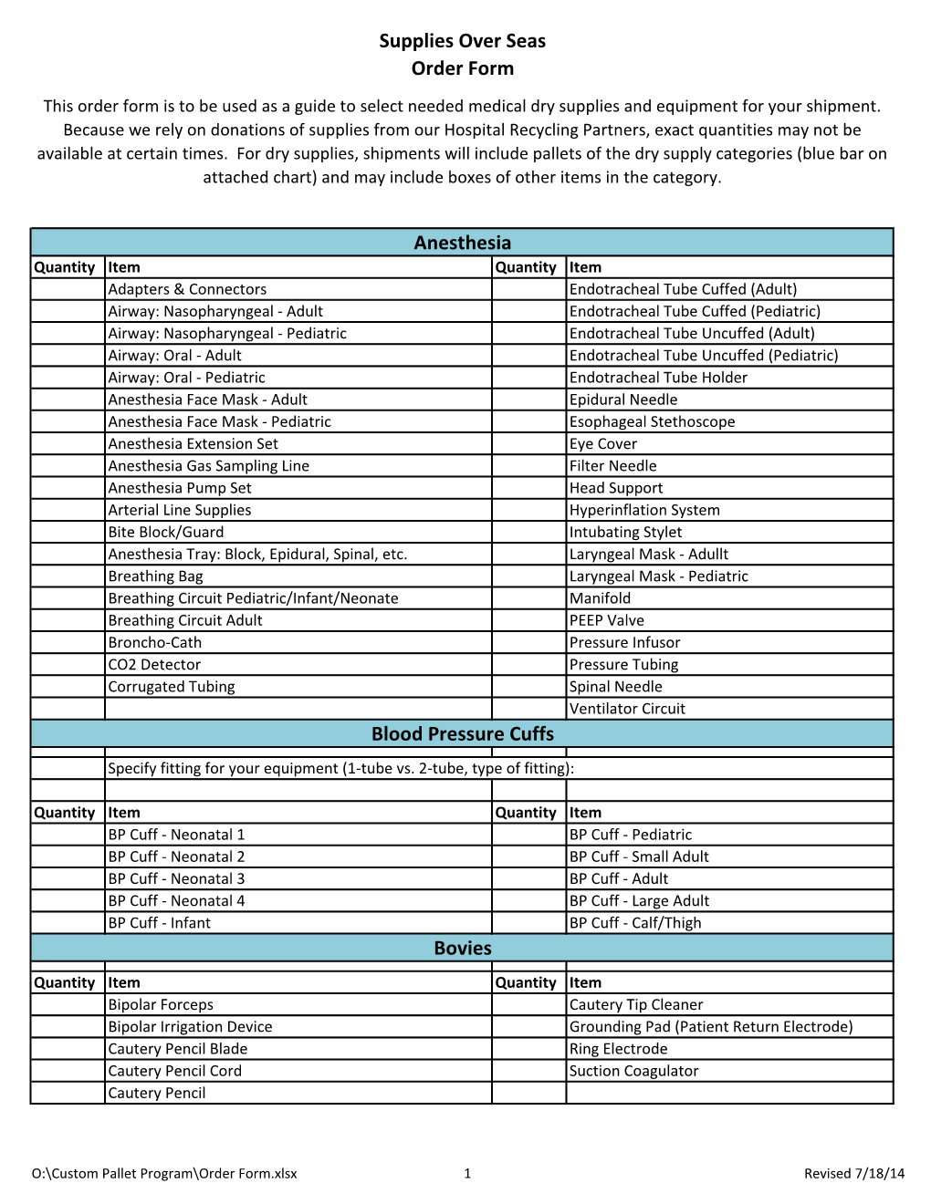 Supplies Over Seas Order Form Anesthesia Blood Pressure Cuffs