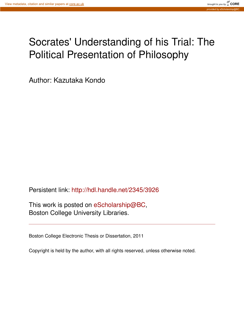 Socrates' Understanding of His Trial: the Political Presentation of Philosophy