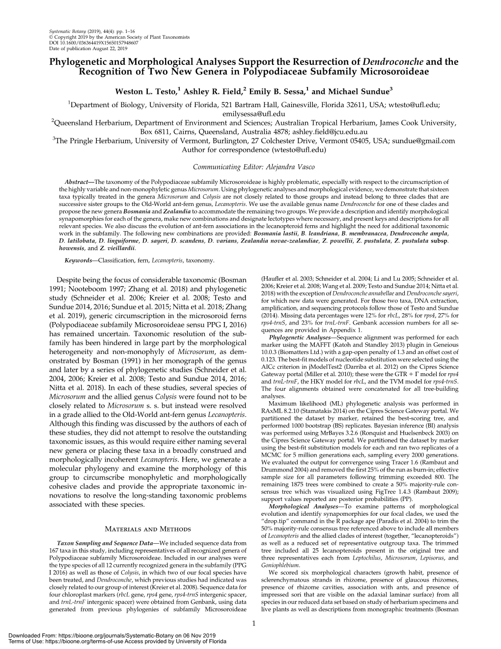 Phylogenetic and Morphological Analyses Support the Resurrection of Dendroconche and the Recognition of Two New Genera in Polypodiaceae Subfamily Microsoroideae