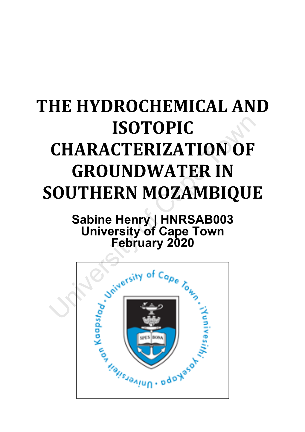 The Hydrochemical and Isotopic Characterization of GROUNDWATER in Southern Mozambique