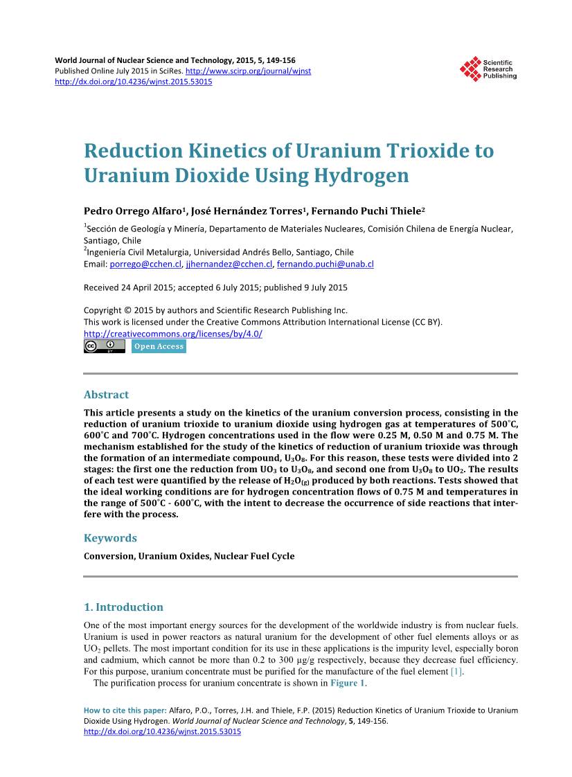 Reduction Kinetics of Uranium Trioxide to Uranium Dioxide Using Hydrogen