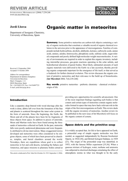 Organic Matter in Meteorites Department of Inorganic Chemistry, University of Barcelona, Spain