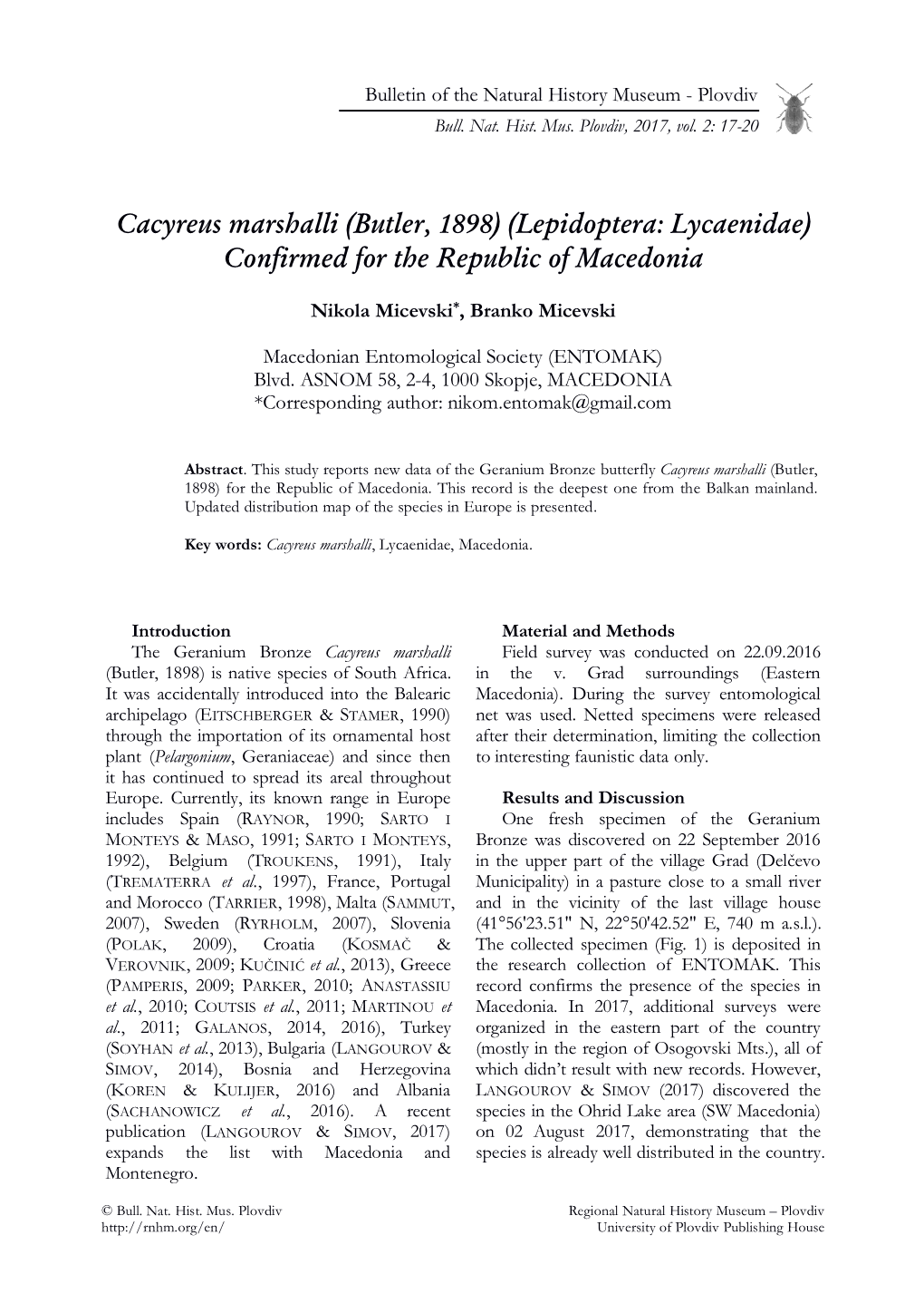 Cacyreus Marshalli (Butler, 1898) (Lepidoptera: Lycaenidae) Confirmed for the Republic of Macedonia