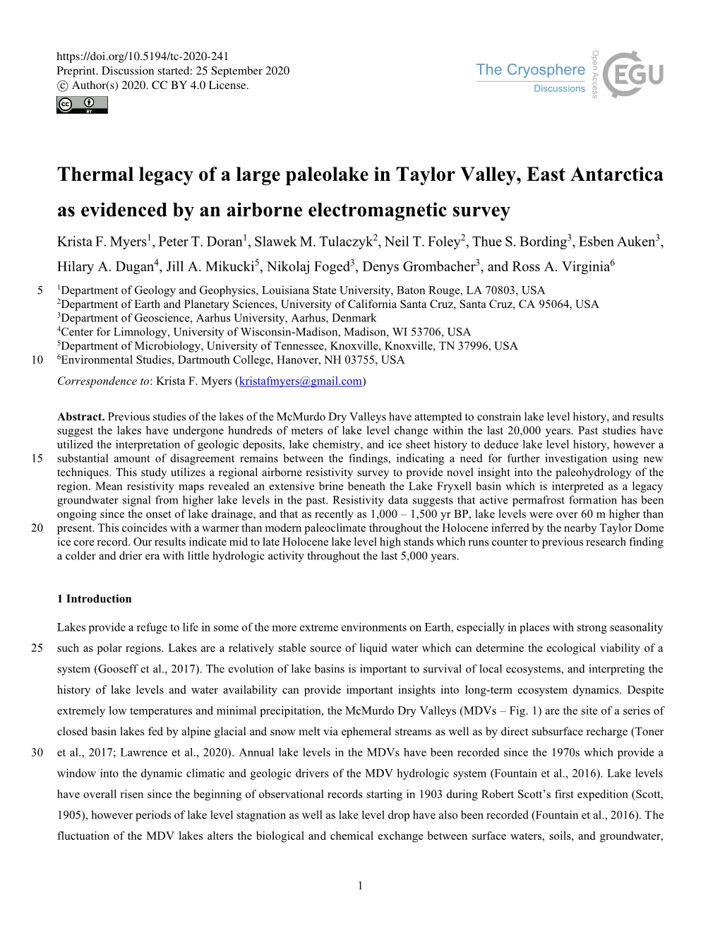 Thermal Legacy of a Large Paleolake in Taylor Valley, East Antarctica As