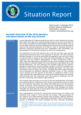 Burundi: Overview of the 2010 Elections and Observations on the Way Forward