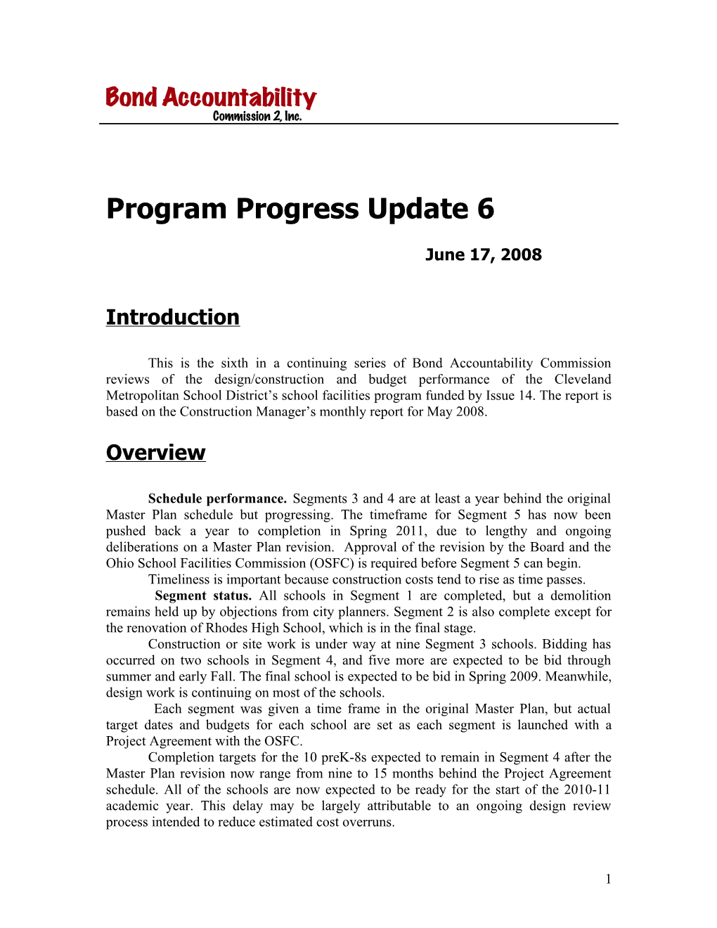 Program Progress Update 6