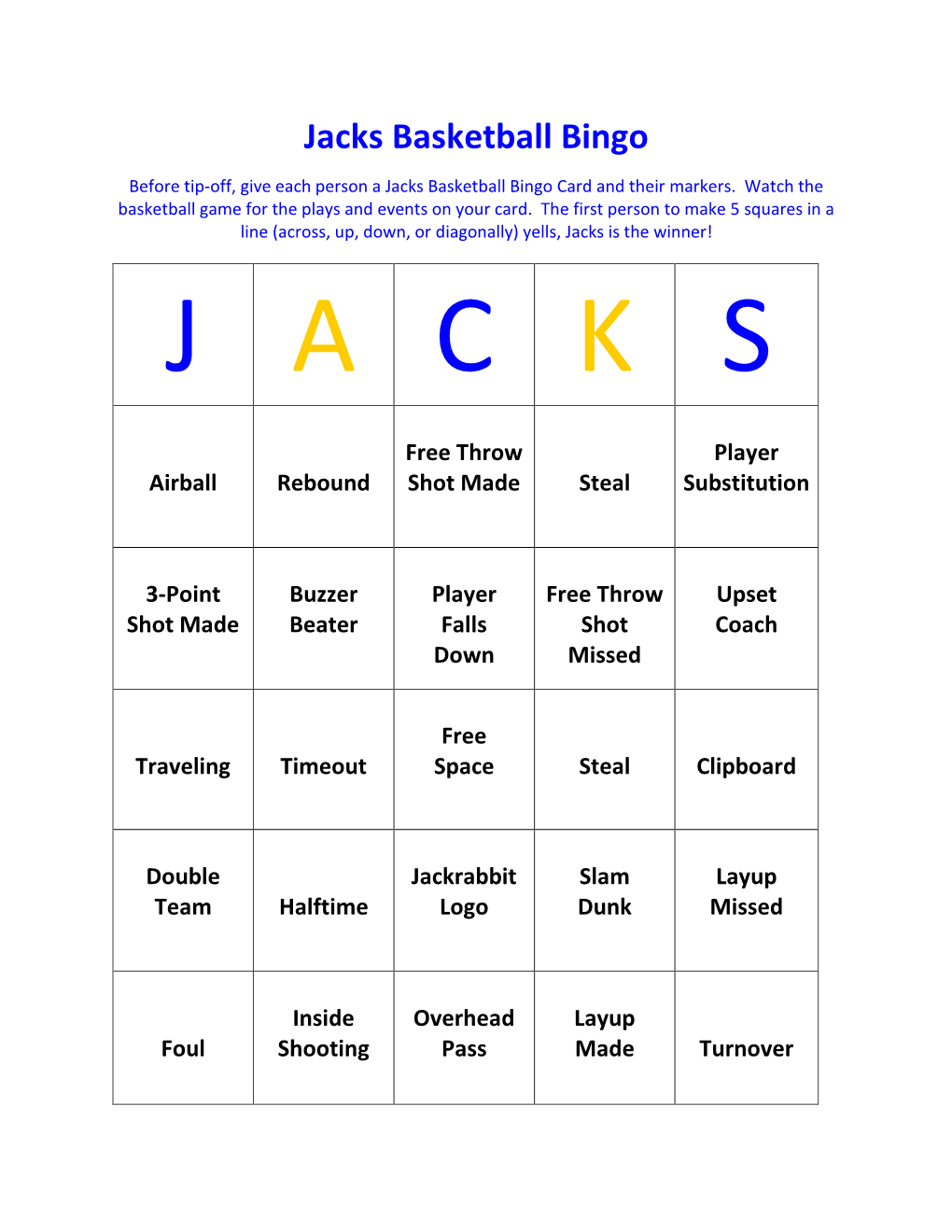 Jacks Basketball Bingo