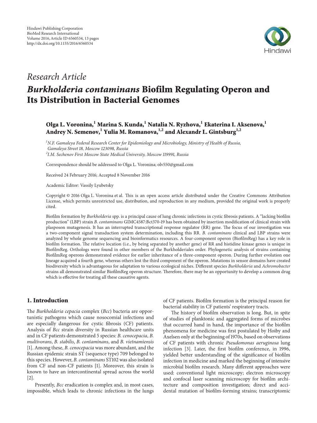Research Article Burkholderia Contaminans Biofilm Regulating Operon and Its Distribution in Bacterial Genomes