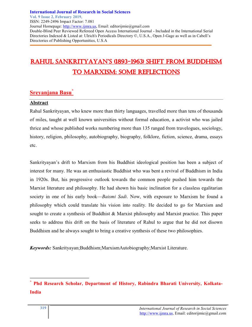 Rahul Sankrityayan's (1893-1963) Shift from Buddhism to Marxism: Some Reflections Sreyanjana Basu
