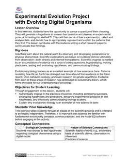 Experimental Evolution Project with Evolving Digital Organisms Lesson Overview in This Exercise, Students Have the Opportunity to Pursue a Question of Their Choosing