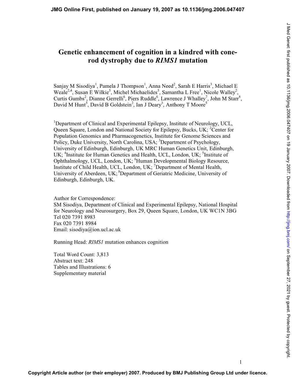 Genetic Enhancement of Cognition in a Kindred with Cone- Rod Dystrophy Due to RIMS1 Mutation