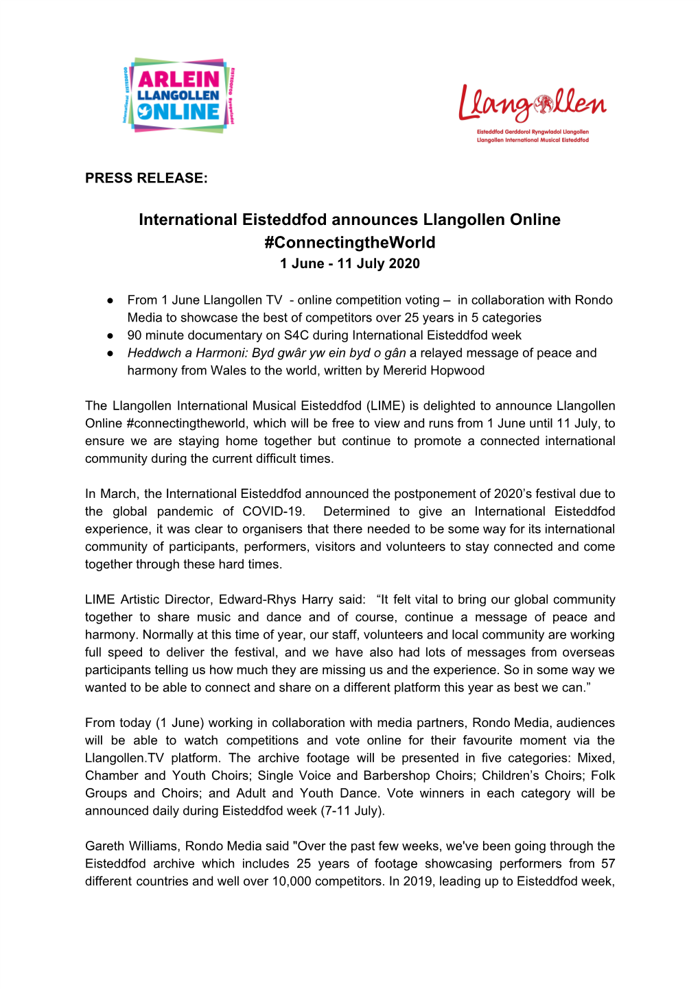 International Eisteddfod Announces Llangollen Online #Connectingtheworld 1 June - 11 July 2020