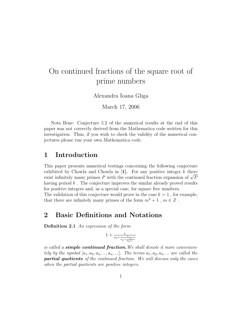 On Continued Fractions of the Square Root of Prime Numbers