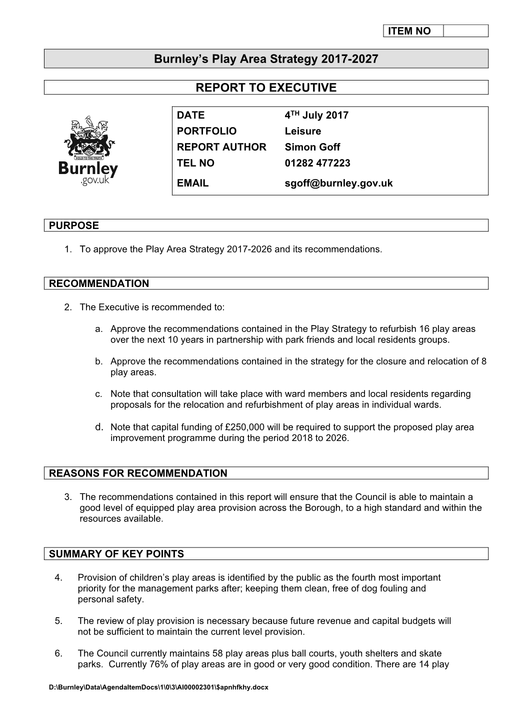 Burnley's Play Area Strategy 2017-2027 REPORT to EXECUTIVE