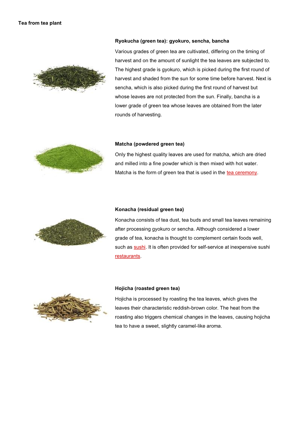 Tea from Tea Plant Ryokucha (Green Tea): Gyokuro, Sencha, Bancha
