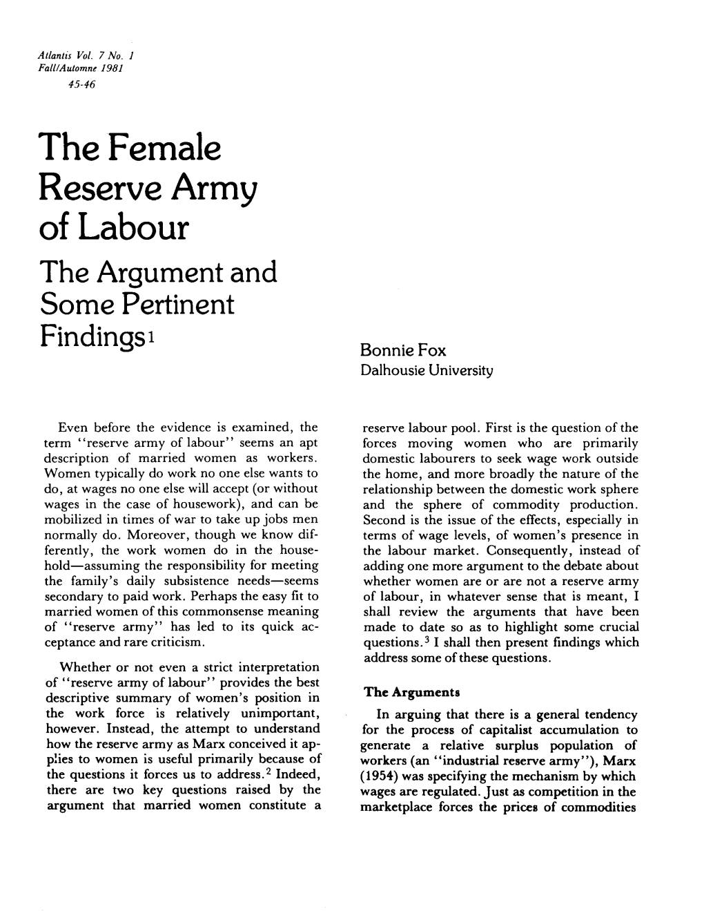 The Female Reserve Army of Labour the Argument and Some Pertinent