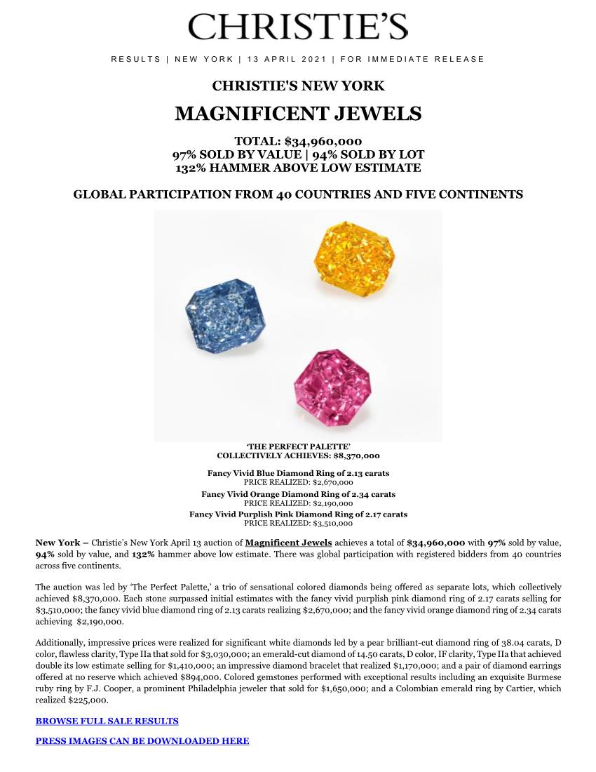 Results Christies Jewels April 13 Magnificent Jewels