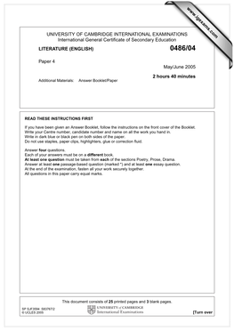 UNIVERSITY of CAMBRIDGE INTERNATIONAL EXAMINATIONS International General Certificate of Secondary Education LITERATURE (ENGLISH) 0486/04