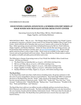 Four Winds Casinos Announces a Summer Concert Series at Four Winds New Buffalo’S Silver Creek Event Center