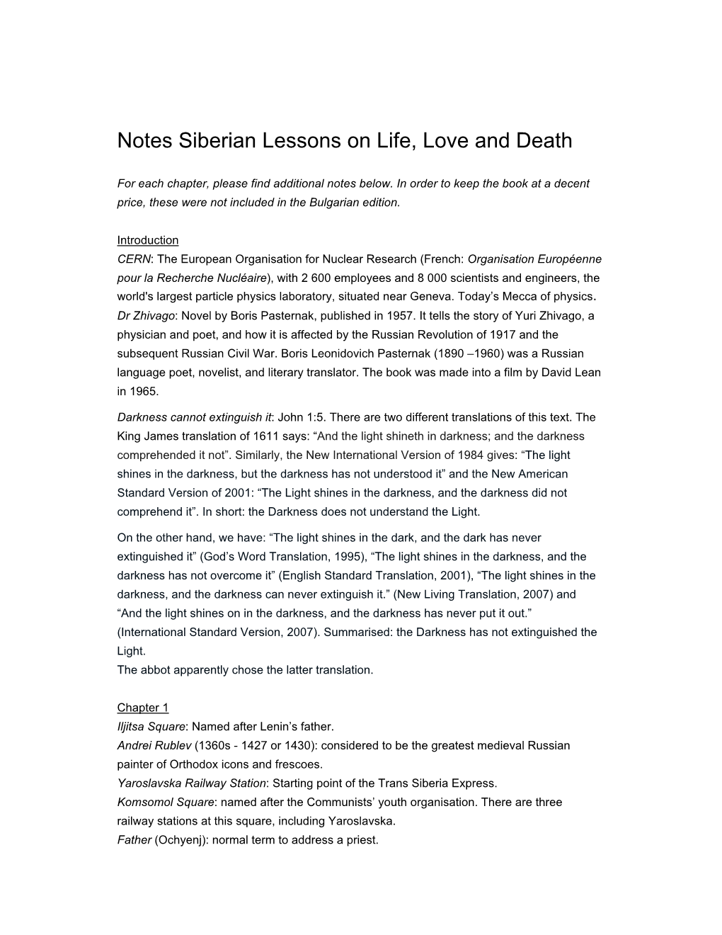 Notes Siberian Lessons on Life, Love and Death