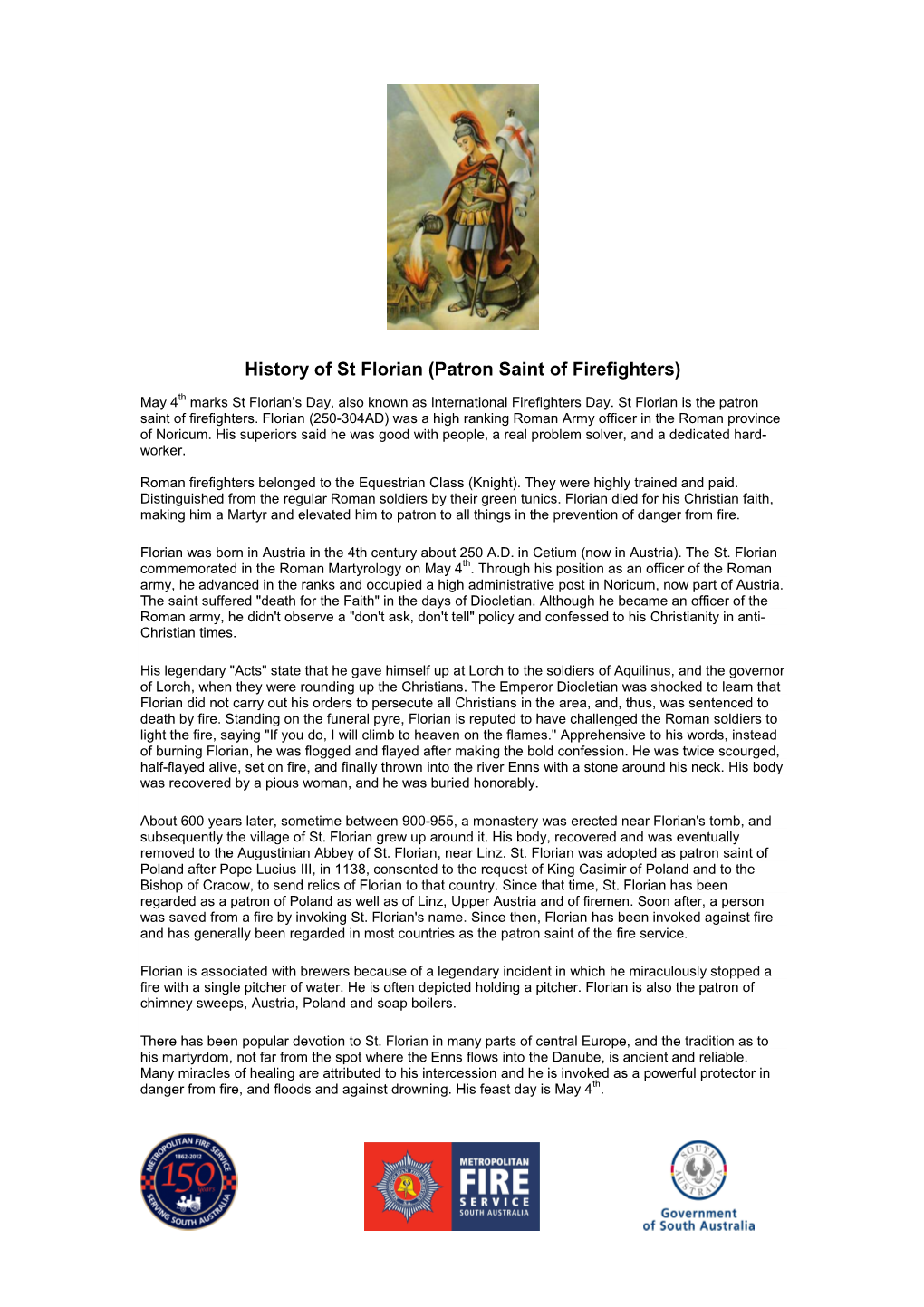 History of St Florian (Patron Saint of Firefighters)