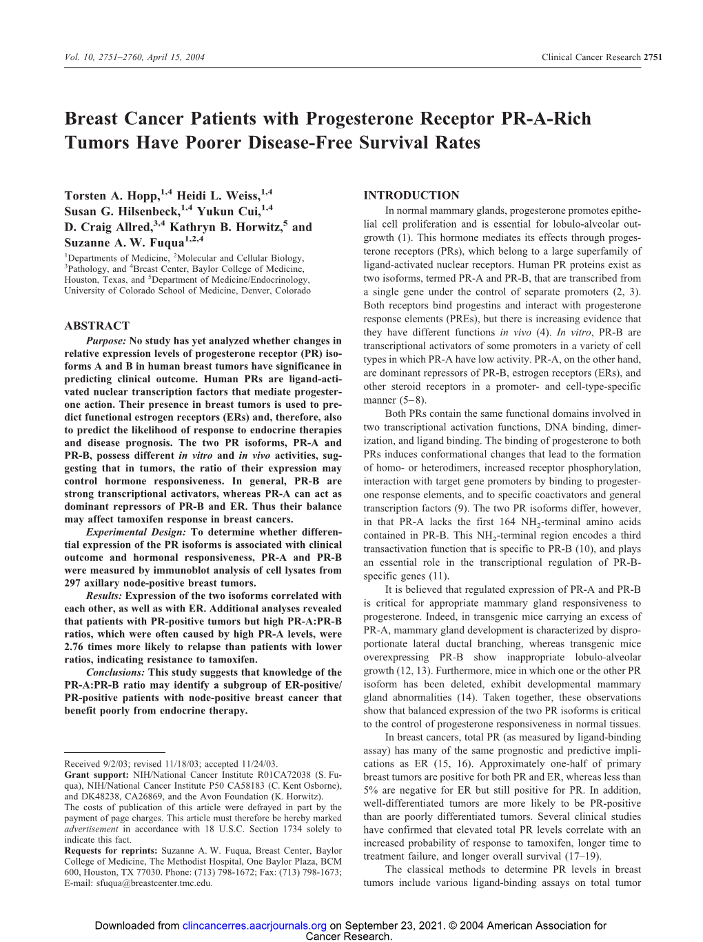 Breast Cancer Patients with Progesterone Receptor PR-A-Rich Tumors Have Poorer Disease-Free Survival Rates