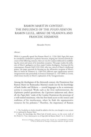 Ramon Martí in Context: the Influence of the Pugio Fidei on Ramon Llull, Arnau De Vilanova and Francesc Eiximenis