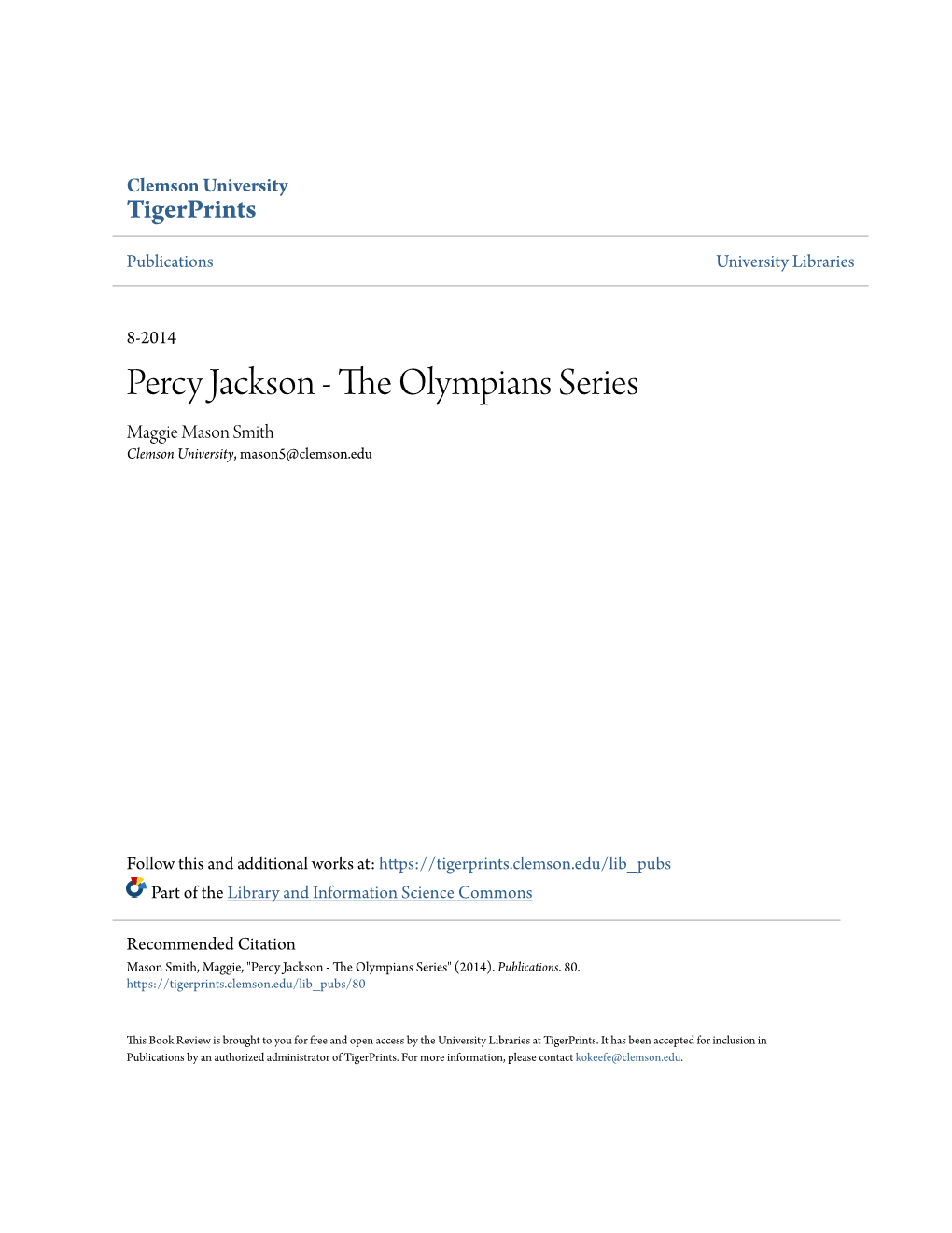 Percy Jackson - the Olympians Series Maggie Mason Smith Clemson University, Mason5@Clemson.Edu