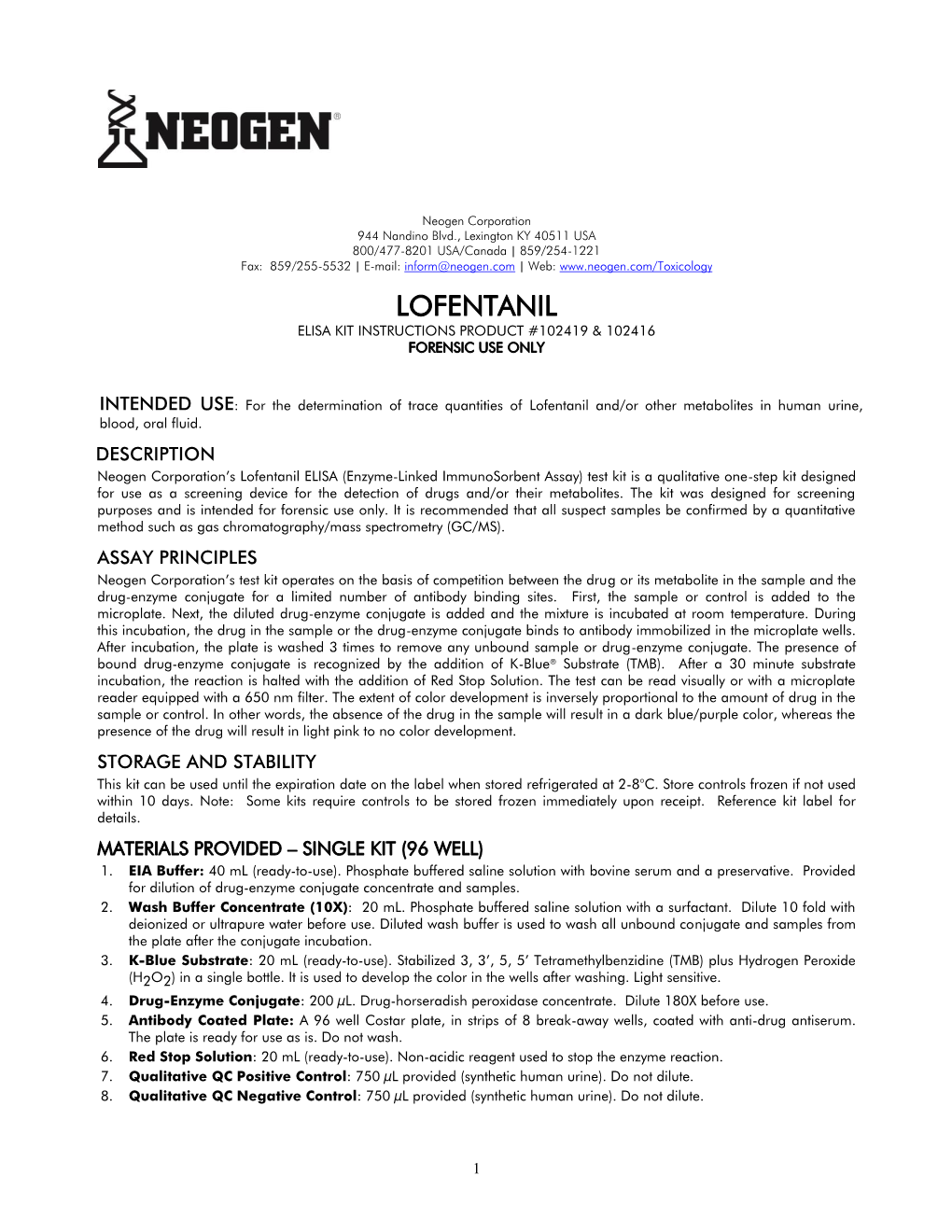 Lofentanil Elisa Kit Instructions Product #102419 & 102416 Forensic Use Only