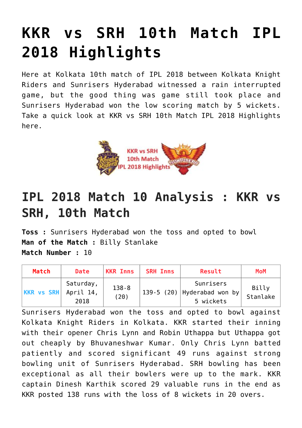 KKR Vs SRH 10Th Match IPL 2018 Highlights