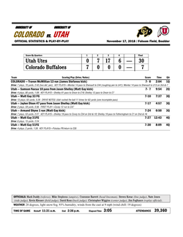 COLORADO Vs. UTAH OFFICIAL STATISTICS & PLAY-BY-PLAY November 17, 2018 / Folsom Field, Boulder