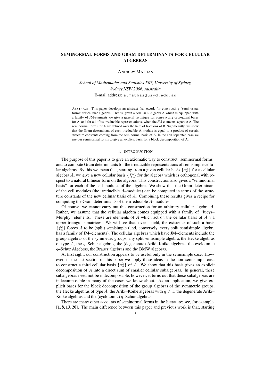 Seminormal Forms and Gram Determinants for Cellular Algebras