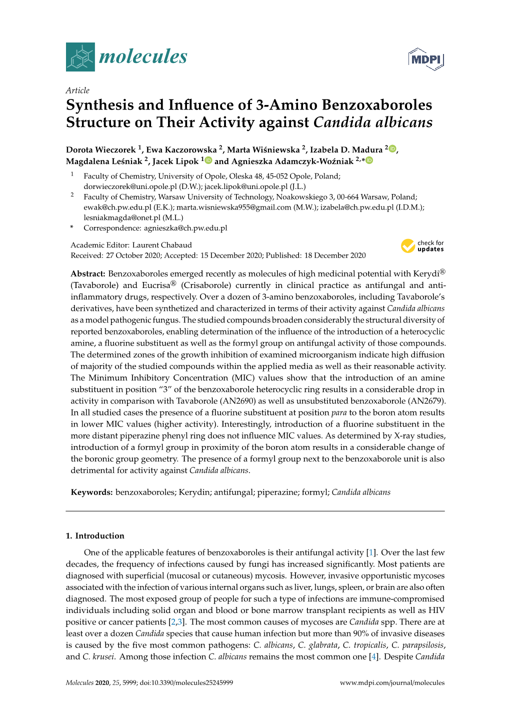 Synthesis and Influence of 3-Amino Benzoxaboroles Structure on Their Activity Against Candida Albicans