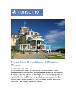 Forbes Travel Guide Releases 2015 Award Winners