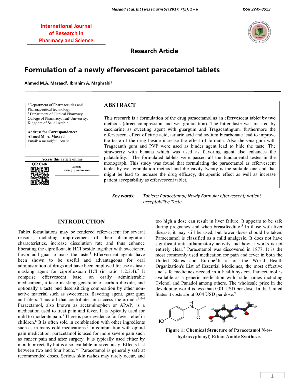 Formulation of a Newly Effervescent Paracetamol Tablets