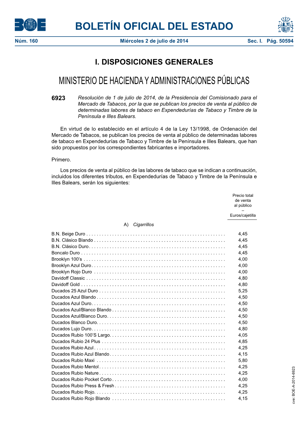 Disposición 6923 Del BOE Núm. 160 De 2014