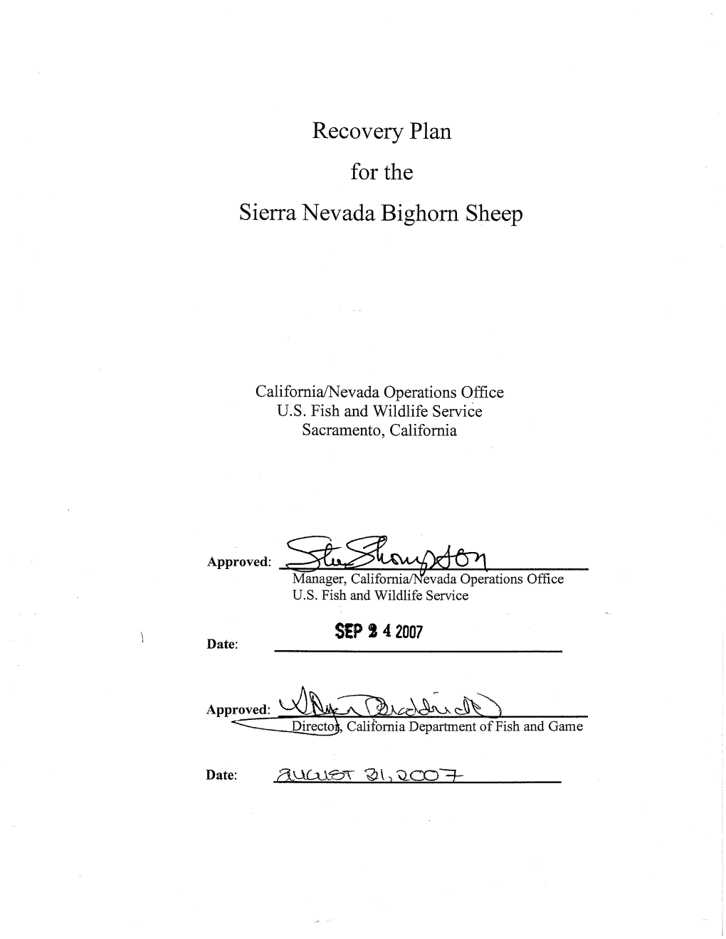 Sierra Nevada Bighorn Sheep Recovery Plan