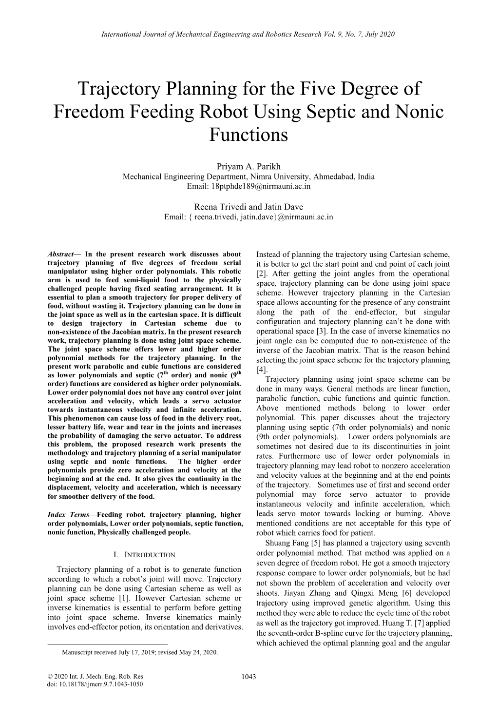 Trajectory Planning for the Five Degree of Freedom Feeding Robot Using Septic and Nonic Functions