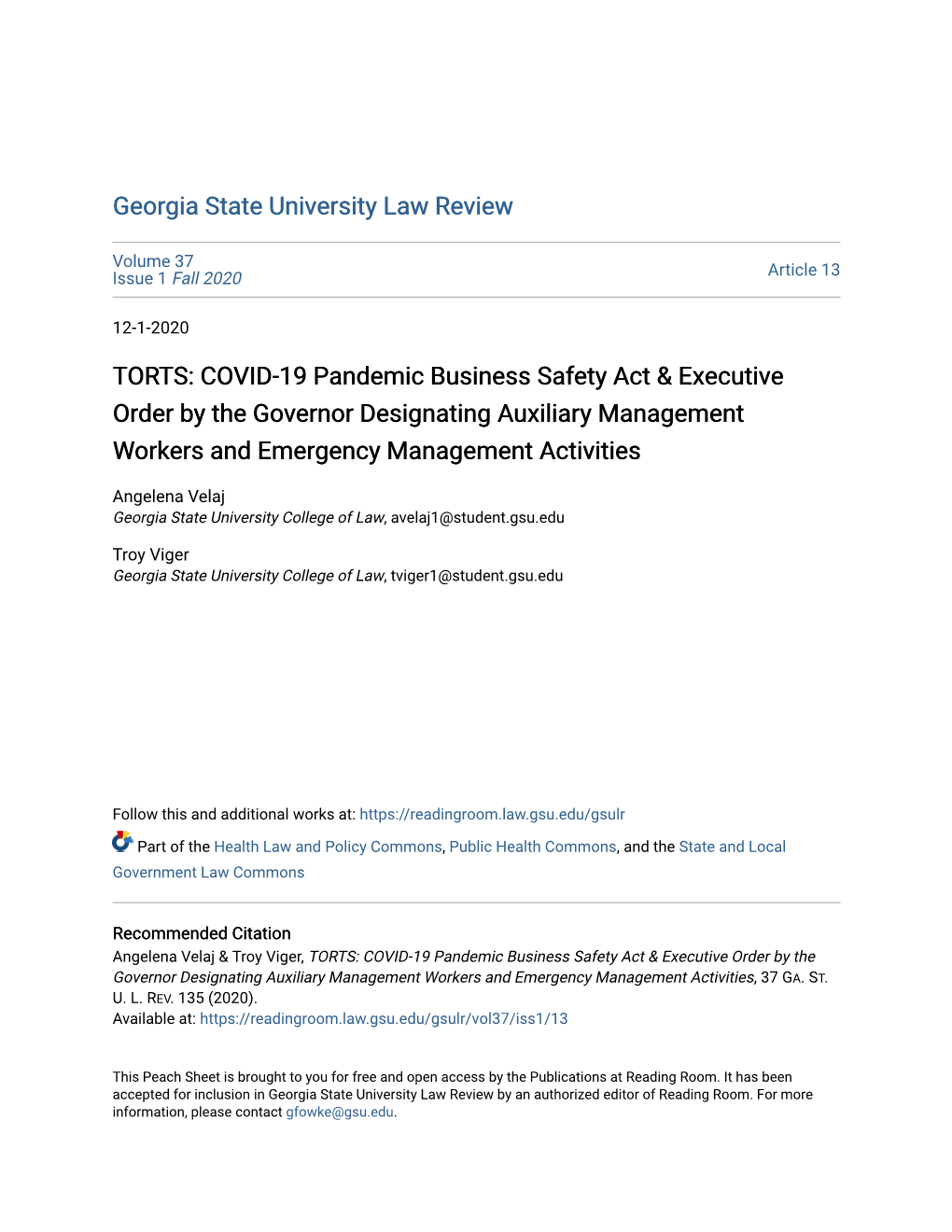 TORTS: COVID-19 Pandemic Business Safety Act & Executive
