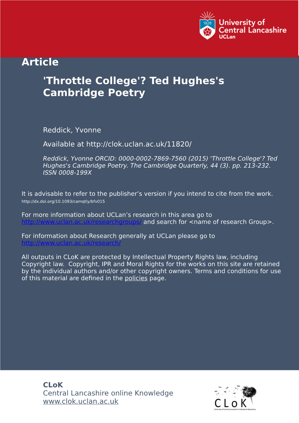 'Throttle College?' Ted Hughes's Cambridge Poetry