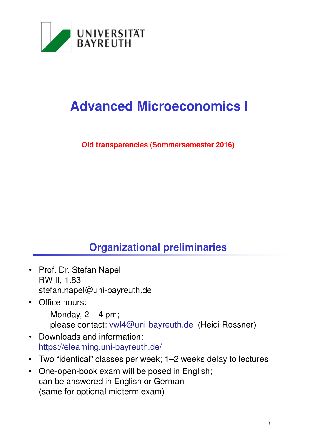 Advanced Microeconomics I