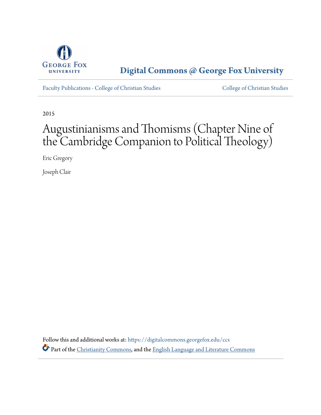Chapter Nine of the Cambridge Companion to Political Theology) Eric Gregory