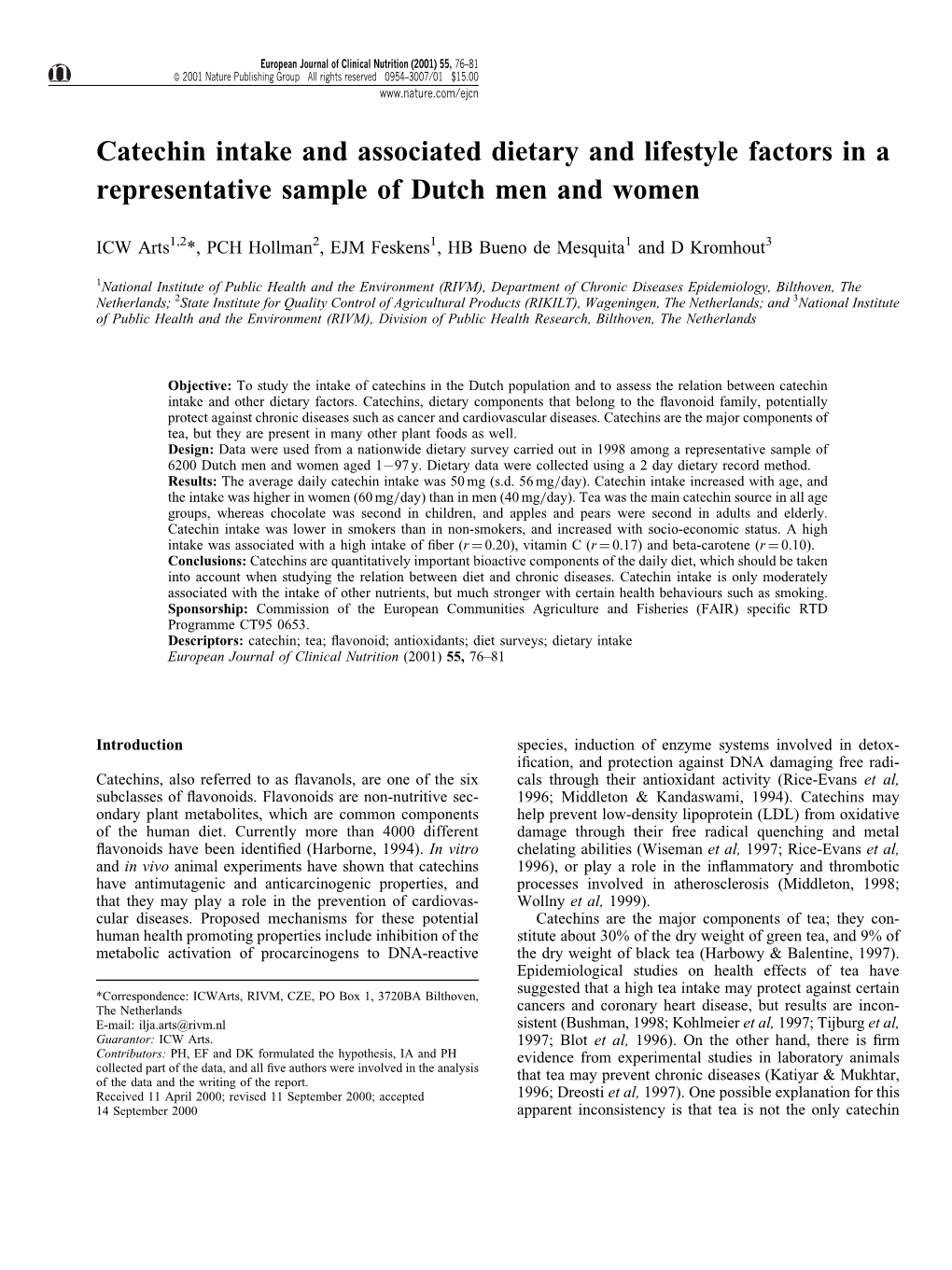 Catechin Intake and Associated Dietary and Lifestyle Factors in a Representative Sample of Dutch Men and Women