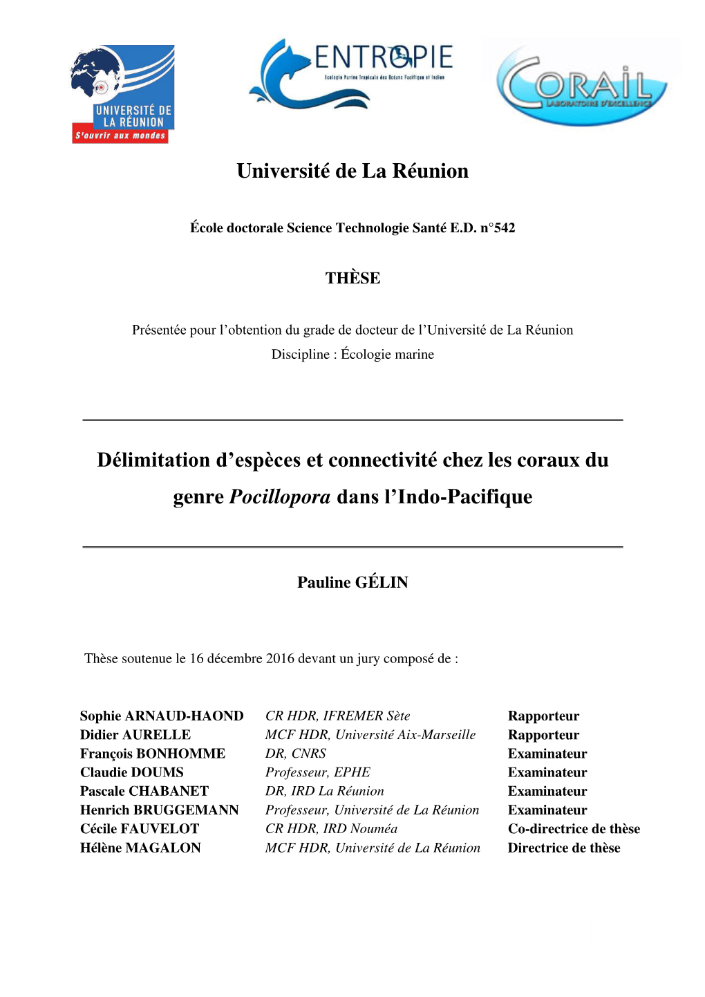 Université De La Réunion Délimitation D'espèces Et Connectivité Chez Les