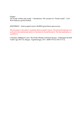 The Nordic Welfare State Model : 1 Introduction: the Concept of a “Nordic Model” / Axel West Pedersen Og Stein Kuhnle