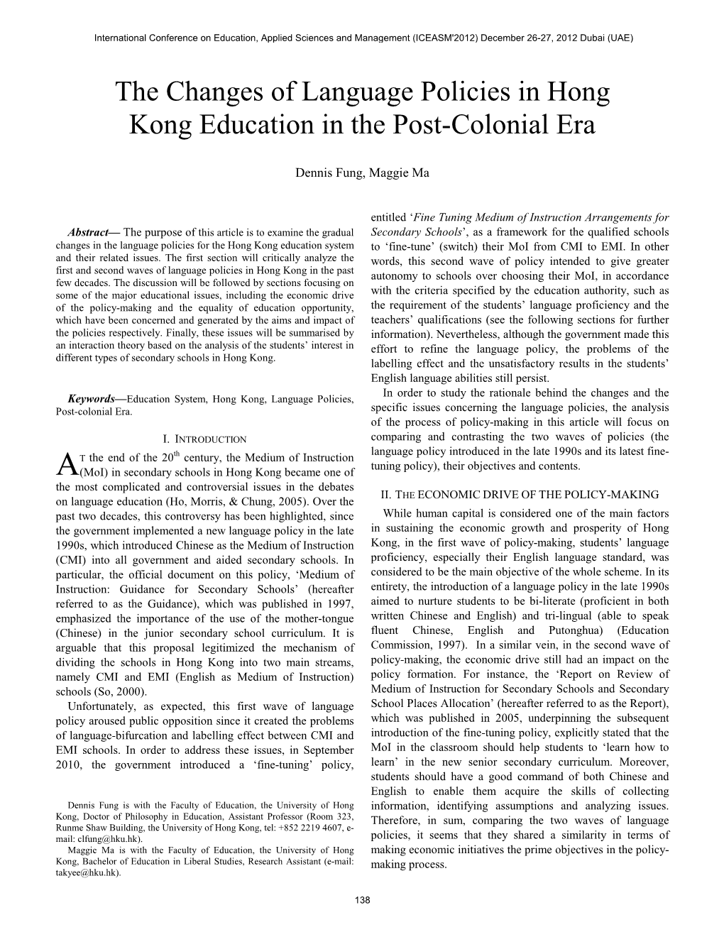 The Changes of Language Policies in Hong Kong Education in the Post-Colonial Era