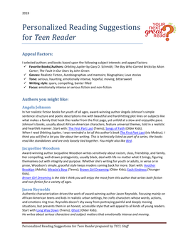 Personalized Reading Suggestions for Teen Reader