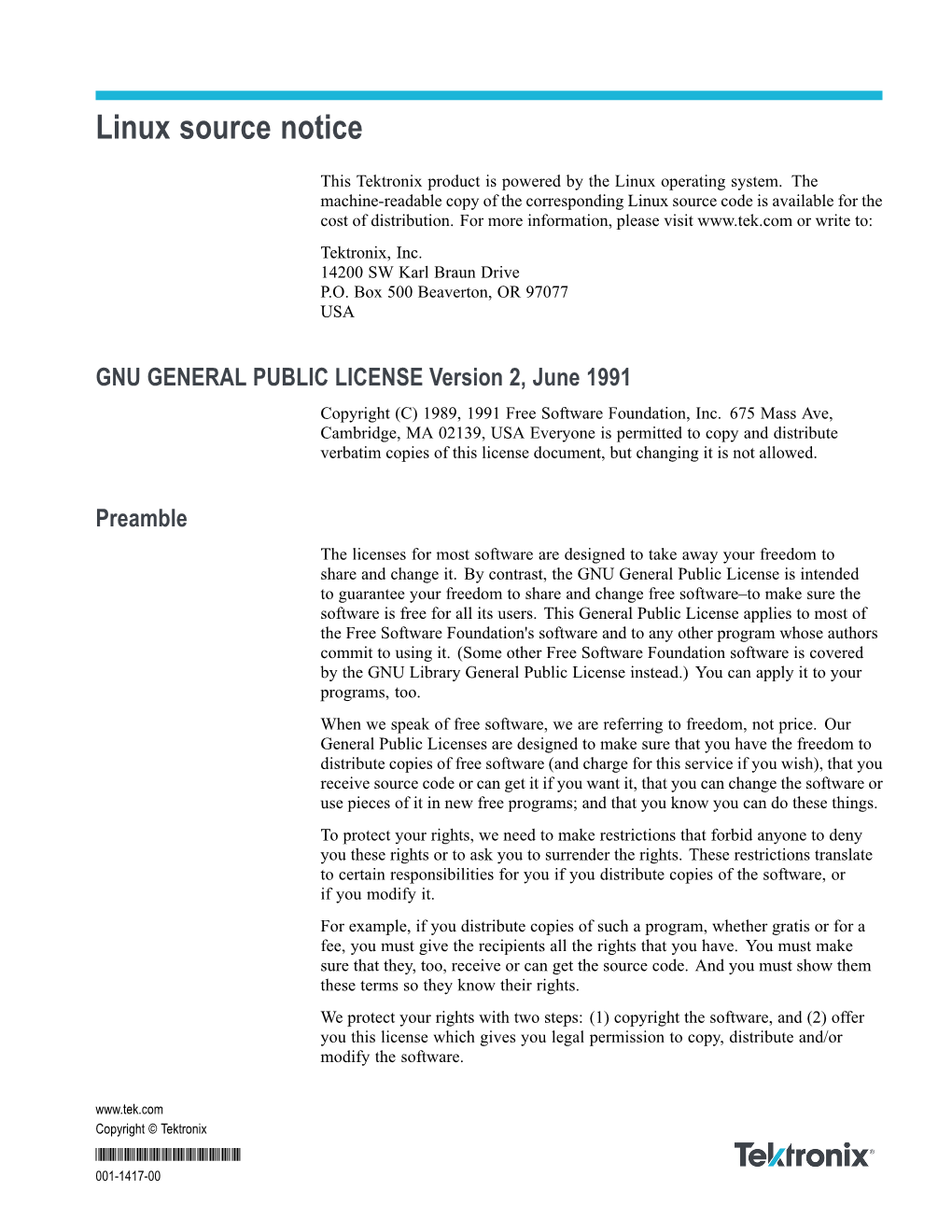 Linux Source Notice (GPL) GNU General Public License